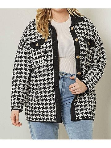 Entro Sweetest Memory Curvy Houndstooth Cardigan - Plus in Black (view 2)