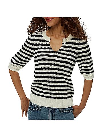 Michael Stars Women's Rosanna Striped Puff Sleeve Sweater in Black (view 2)