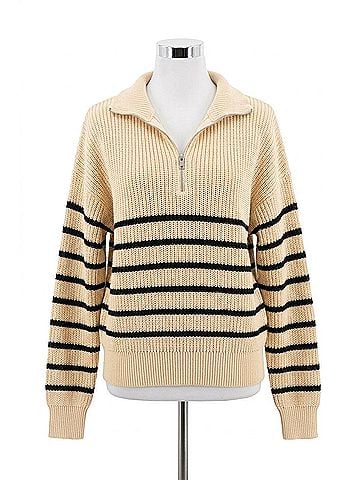Ampersand Ave Halfzip Sweater in Cream Black Stripe (view 1)