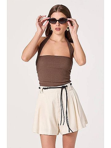 Astr Atherton Pleated High-Rise Shorts in Bone (view 2)