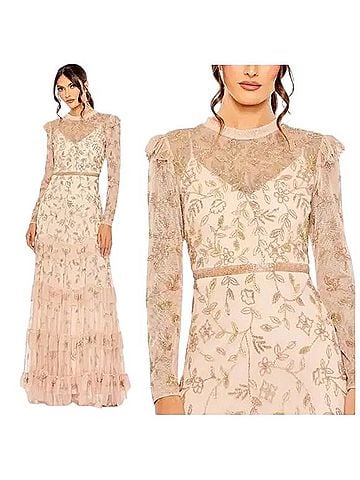 Mac Duggal Mac Duggal Formal 9237 Pink Gold Beaded Dress Blush Evening Gown Long Sleeve 22 Cocktail Dress (view 2)