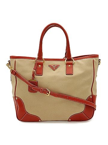 Prada PRADA Triangle Tote Bag Shoulder Canvas Leather Beige Red (view 2)