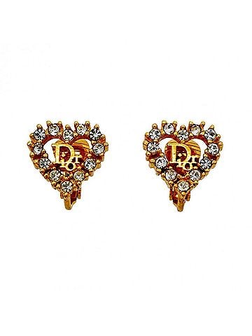 Christian Dior Christian Dior Earrings, Heart Motif, GP Plated, Rhinestone, Gold, Women's (view 1)