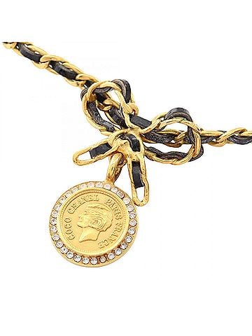 Chanel Chanel Ribbon Coin Choker Accessory, Gold Plated Leather with Rhinestones, Women's, Gold, Black, Clear. (view 1)