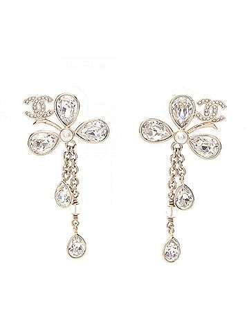 Chanel Chanel Coco Mark Flower Drop Earrings, Gold Plated (GP), Rhinestone, Faux Pearl, Women's, Gold/Clear Tones, B26 (view 1)