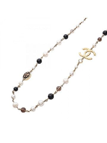 Chanel Chanel Coco Mark Necklace, Gold Plated (GP), Faux Pearl, Rhinestone, Women's, Gold, White, Clear, A24S (view 1)