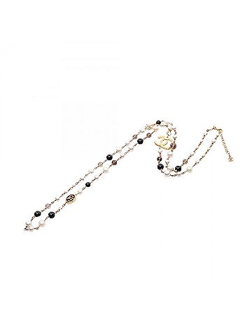 Chanel Chanel Coco Mark Necklace, Gold Plated (GP), Faux Pearl, Rhinestone, Women's, Gold, White, Clear, A24S (view 2)
