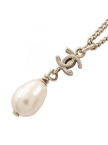 Chanel Chanel Coco Mark Swing Necklace, Gold Plated (GP), Faux Pearl, Women's, Gold/White Tones (view 1)