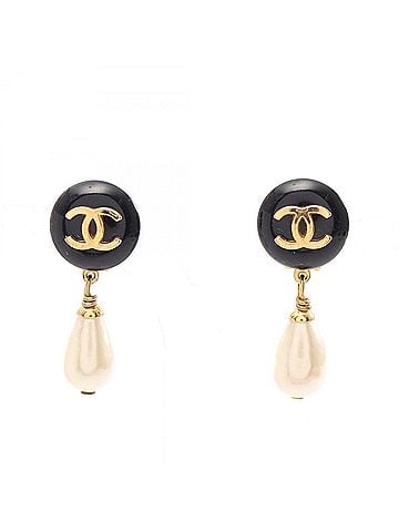 Chanel Chanel Coco Mark Swing Earrings, Gold Plated (GP), Faux Pearl, Women's, Black, White, (view 1)