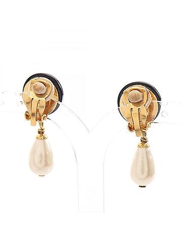Chanel Chanel Coco Mark Swing Earrings, Gold Plated (GP), Faux Pearl, Women's, Black, White, (view 2)