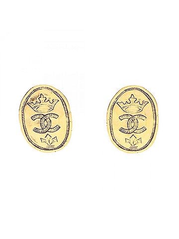 Chanel Chanel Coco Mark Oval Plate Earrings, Gold Plated Jewelry, Women's, Tone (view 1)