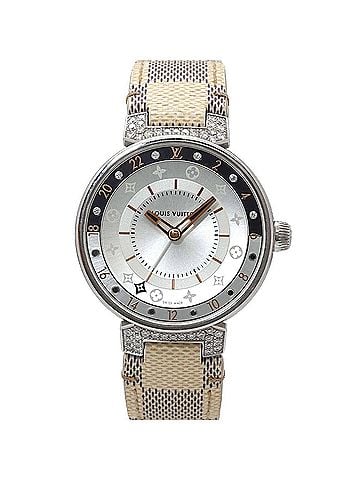 Louis Vuitton Louis Vuitton Tambour Moon Dual Time MM GMT QA108 Ladies' Watch with 12 Diamond Lugs, Black Diamonds, Silver, Quartz Movement. (view 1)