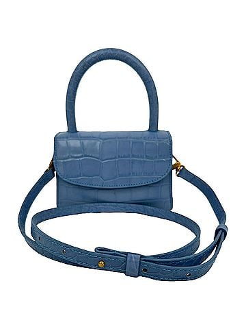 by FAR By Far Crocodile-Embossed Mini Top Handle Bag in Light Blue Leather (view 1)