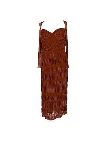 Self-Portrait Self-Portrait Shirred Midi Dress in Brown Polyester (view 1)