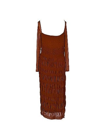 Self-Portrait Self-Portrait Shirred Midi Dress in Brown Polyester (view 2)