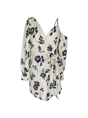 Self-Portrait Self-Portrait Floral Sequined Mini Wrap Dress in Ivory Polyamide (view 1)