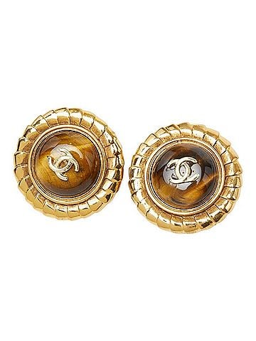 Chanel Chanel Coco Mark Vintage Round Earrings, 23 Stamp, Brown Gold Plated, Tiger Eye, Women's CHANEL (view 1)