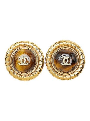Chanel Chanel Coco Mark Vintage Round Earrings, 23 Stamp, Brown Gold Plated, Tiger Eye, Women's CHANEL (view 2)
