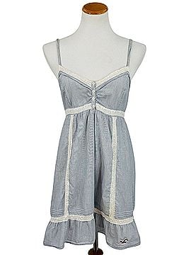 Hollister 2005 Vintage Lace Trim Blue White Stripe Babydoll Mini Dress | Coastal Coquette Dollette Y2K Indie Casual Dress (view 1)