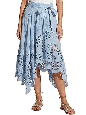 Free People 2022 FP One Blue Eyelet Tie Waist Midi Wrap Skirt | Coastal Boho Cottagecore Soft Girl Fairycore Casual Skirt (view 2)
