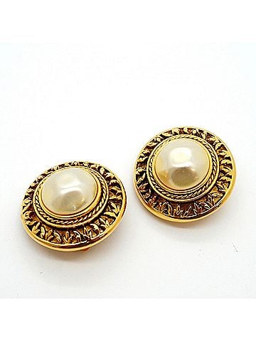 Chanel Chanel Circle Earrings, GP Plated, Faux Pearl, Gold, Women's (view 2)