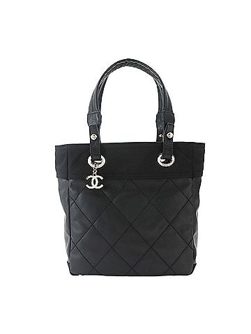 Chanel Chanel Paris Biarritz PM Tote Handbag, Nylon and Leather, Black, A34208, Silver Hardware (view 1)