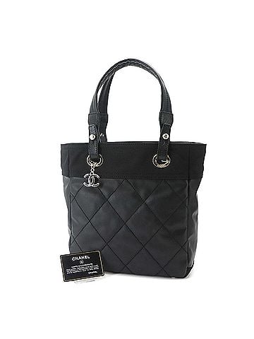 Chanel Chanel Paris Biarritz PM Tote Handbag, Nylon and Leather, Black, A34208, Silver Hardware (view 2)