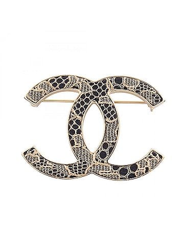 Chanel Chanel Coco Mark Lace Brooch Accessory, Gold Plated (GP), Fabric, Women's, Gold, Black, Beige (view 1)