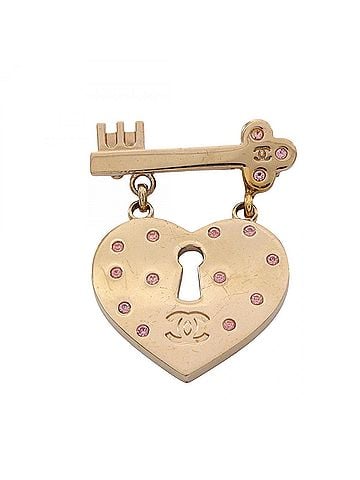 Chanel Chanel Coco Mark Heart Lock Brooch Accessory, Gold Plated (GP), Rhinestone, Women's, Gold/Pink Tones (view 1)