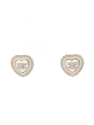 Chanel Chanel Coco Mark Heart Earrings, Gold Plated (GP), Faux Pearl, Rhinestone, Women's, Gold, White, Clear. (view 1)