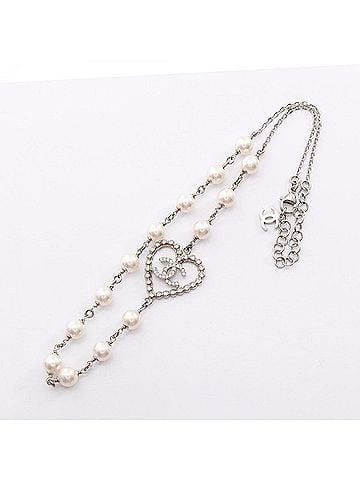 Chanel Chanel Coco Mark Heart Necklace Jewelry - Metal, Faux Pearl, Rhinestone Women's Silver, White, Clear (view 2)
