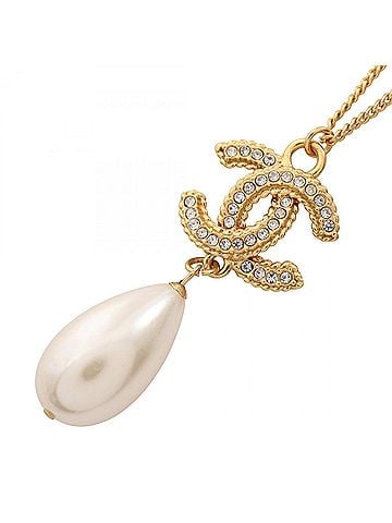 Chanel Chanel Coco Mark Necklace, Gold Plated (GP), Faux Pearl, Rhinestone, Women's, Gold, White, Clear. (view 1)