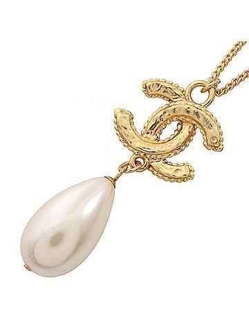 Chanel Chanel Coco Mark Necklace, Gold Plated (GP), Faux Pearl, Rhinestone, Women's, Gold, White, Clear. (view 2)