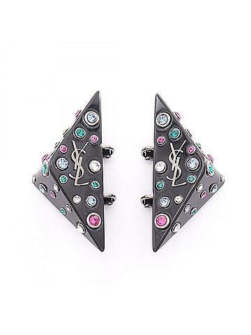 Yves Saint Laurent Yves Saint Laurent Saint Laurent Paris logo triangle earrings, jewelry, plastic, rhinestones, women's, black/multicolor. (view 1)