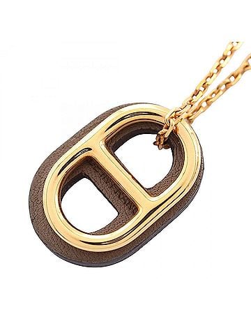 Hermès Hermes O'Maillon Chaine d'Ancre Etoupe Necklace, Gold Plated (GP), Veau Swift Leather, Women's, Gold/Gray Tones (view 1)