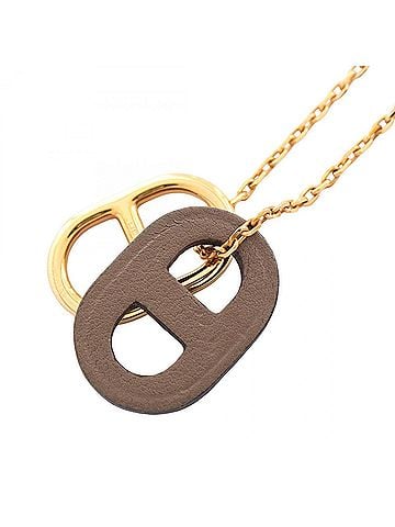 Hermès Hermes O'Maillon Chaine d'Ancre Etoupe Necklace, Gold Plated (GP), Veau Swift Leather, Women's, Gold/Gray Tones (view 2)