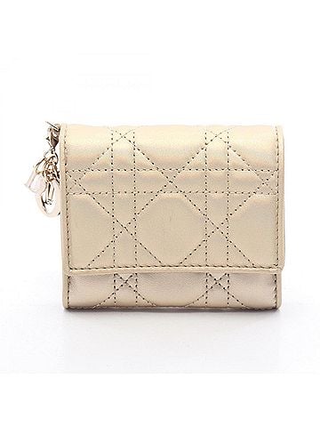 Christian Dior Christian Dior Dior Lady Cannage Tri-fold Wallet, Lambskin Leather, Women's, Gold Tone (view 1)