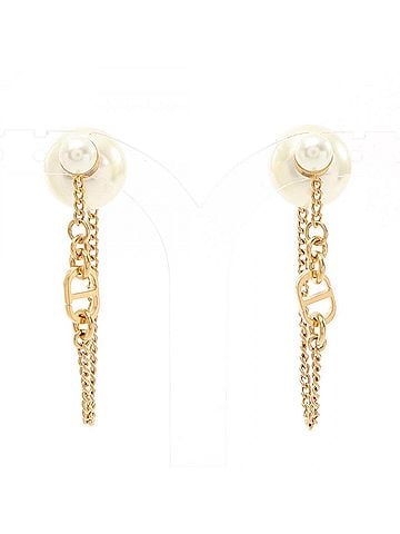 Christian Dior Christian Dior Dior Tribal Chain Earrings, Gold Plated (GP), Faux Pearl, Women's, Gold/White Tones (view 1)