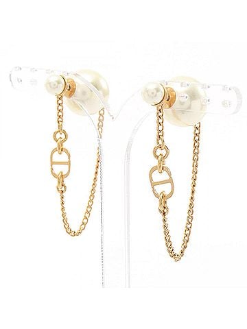 Christian Dior Christian Dior Dior Tribal Chain Earrings, Gold Plated (GP), Faux Pearl, Women's, Gold/White Tones (view 2)