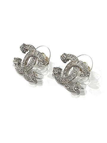Chanel Chanel Rhinestone Coco Mark Earrings, Silver (view 2)