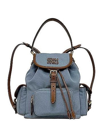 Miu Miu Miu Miu Miu Backpack, Medium, 5BZ043_2IBQ_F04KC_V_OOO, IC Tag Activated, Canvas &amp; Leather, Light Blue, Women's. (view 1)