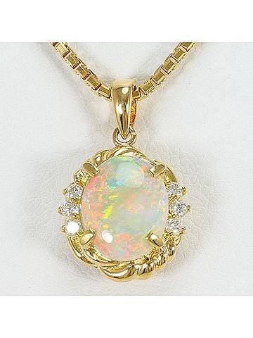 Unbranded 18K (18-karat) Yellow Gold Necklace with 0.96ct Opal and 0.101ct Diamonds, Card Included, Total Weight 6.7g, 40cm, Jewelry (view 1)