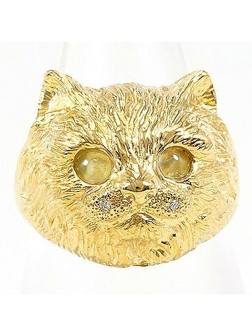 Unbranded 18K (18-karat) Yellow Gold Ring with Chrysoberyl Cat's Eye and Diamond (carat weight not stamped). Includes card. Total weight: 5.9g. Jewelry. (view 1)