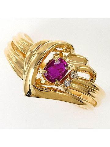 Unbranded 18K (18-karat) Yellow Gold Ring with 1 Ruby and Diamond (carat mark not specified). Includes card. Total weight: 3.6g. Jewelry. (view 1)