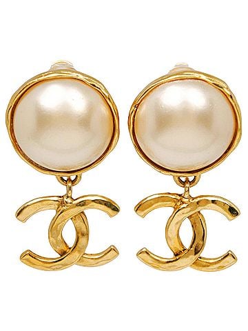 Chanel Chanel Coco Mark Earrings, Gold Plated x Faux Pearl, 1994, 94A, Approx. 21.2g, Women's. (view 1)