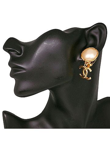 Chanel Chanel Coco Mark Earrings, Gold Plated x Faux Pearl, 1994, 94A, Approx. 21.2g, Women's. (view 2)