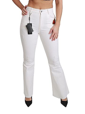 Dolce & Gabbana White Heart Flared Stretch Cotton Women's Pants (view 2)