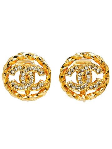Chanel Chanel Coco Mark Earrings, Gold Plated with Rhinestones, Approx. 6.7g, Women's. (view 1)
