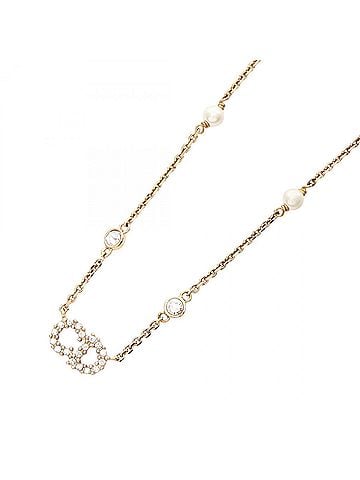 Christian Dior Christian Dior Dior CD Logo Necklace, Gold Plated (GP), Faux Pearl, Rhinestone, Women's, Gold, White, Clear. (view 1)