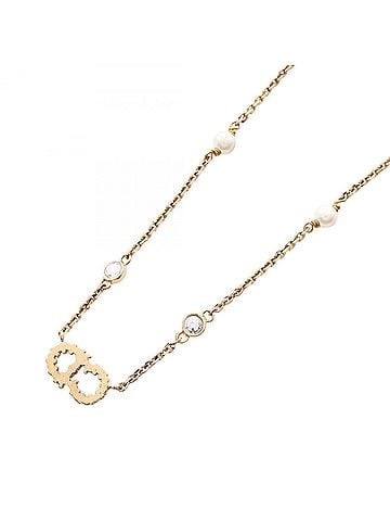 Christian Dior Christian Dior Dior CD Logo Necklace, Gold Plated (GP), Faux Pearl, Rhinestone, Women's, Gold, White, Clear. (view 2)